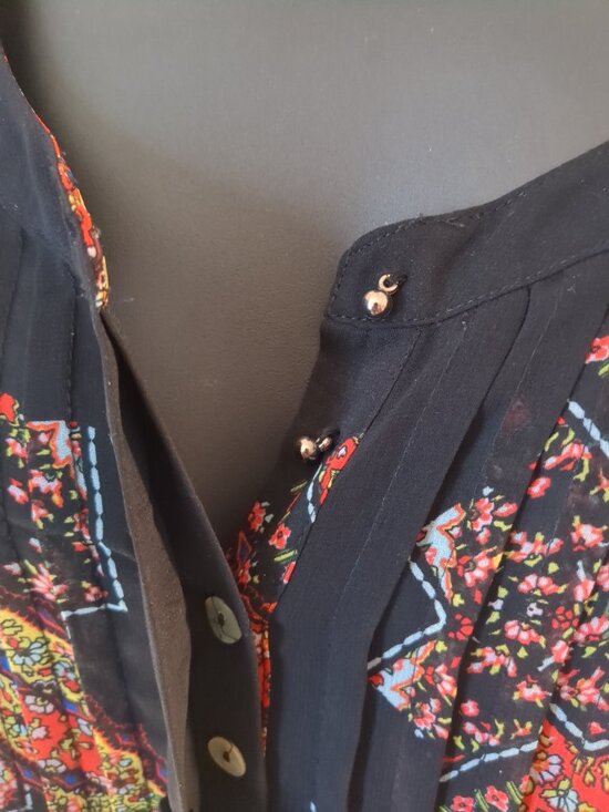 Sheer Black Partial Button Blouse / Tunic with colors of red / yellow /cream / - Picture 6 of 16